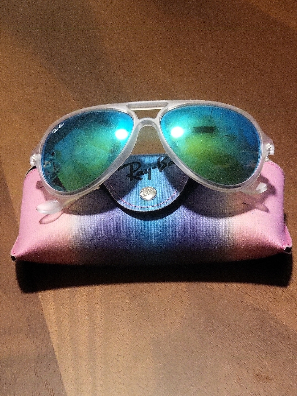 Ray-Ban Clear Frame Aviator Sunglasses with Blue-Green Mirrored Lenses